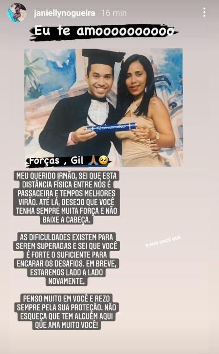 BBB 21: Janielly Nogueira, irmã de Gilberto, pede pela saída do brother - Reprodução/Instagram - Reprodução/Instagram