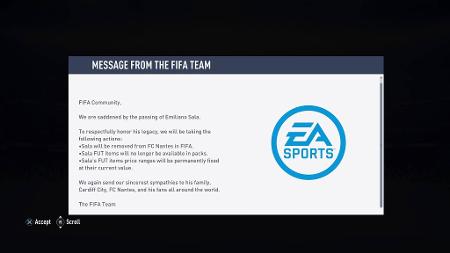 Em respeito, Emiliano Sala é retirado do jogo FIFA 19