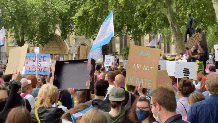 Protesto em Londres (Reino Unido) advoga por direitos de pessoas transgênero - Reprodução/Twitter