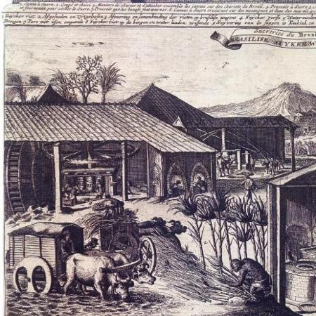 Gravura publicada na segunda metade do século XVII: engenho movido a bois e água - Utrecht, 1682 - Utrecht, 1682
