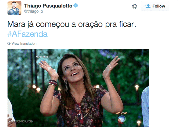 6.out.2015 - A oração funcionou! Mara Maravilha fica em "A Fazenda 8" com 57% do votos e elimina Edu K - Reprodução/Twitter/thiago_p