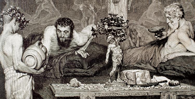 Escravo servindo patrícios em um banquete na Roma Antiga, em gravura de 1887 Escravo servindo patrícios em um banquete na Roma Antiga, em gravura de 1887