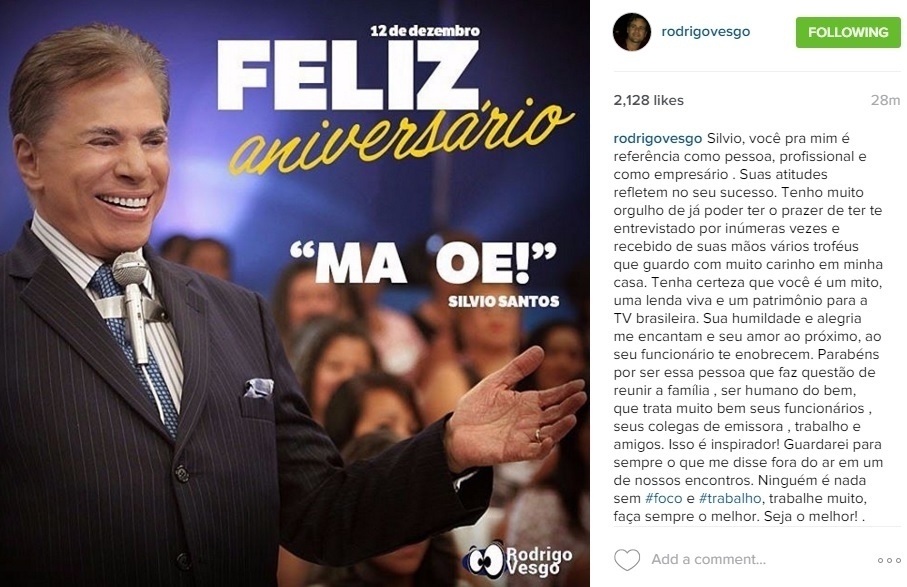 Rodrigo Vesgo parabeniza Silvio Santos - Reprodução/Instagram/rodrigovesgo