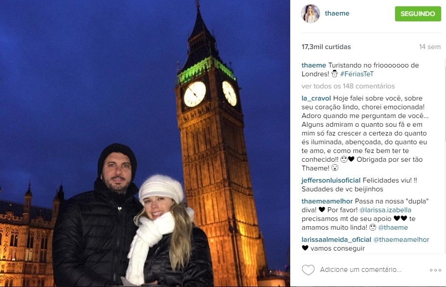 Thaeme curte férias em Londres com o marido, o empresário Fábio Elias - Reprodução/Instagram