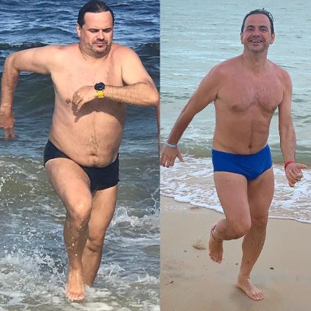 O humorista Carioca fez uma montagem com uma foto do início do ano, quando pesava 100 kg, e outra após perder 11 kg - Arquivo pessoal