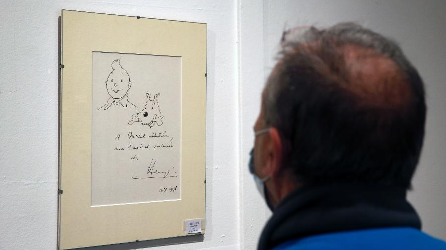 11.01.2021 - Um dos desenhos de Hergé para o personagem Tintin, em exposição na Artcurial, em Paris - Chesnot/Getty Images