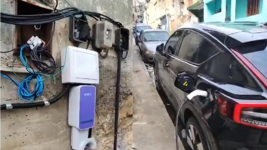 "Gato" para carregar carro elétrico foi flagrado no Complexo da Penha