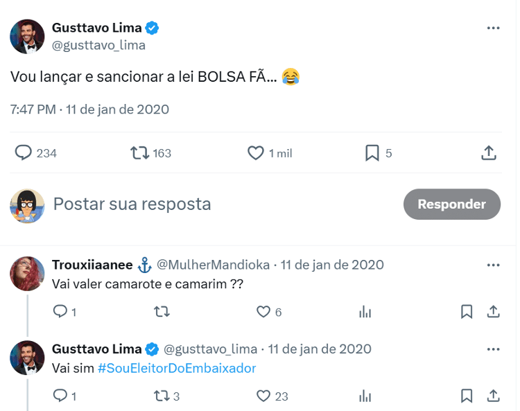 Em 2020, Gusttavo Lima prometeu no Twitter uma 'Bolsa Fã'