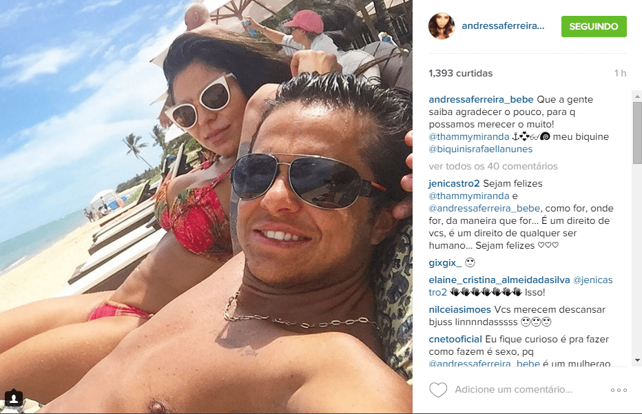 28.dez.2015 - Thammy Miranda e Andressa Ferreira sabem aproveitar bem quando o assunto são férias. Andressa publicou uma foto em que aparece com Thammy em uma paisagem paradisíaca em Trancoso, na Bahia. "Que a gente saiba agradecer o pouco, para que possamos merecer o muito!", refletiu - Reprodução/Instagram Andressaferreira_bebe