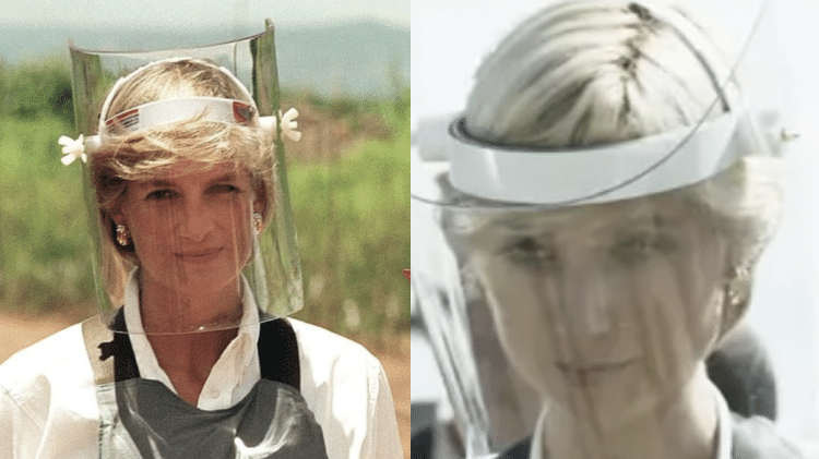À esquerda, Diana durante visita a campo minado em 1997, em Angola; à direita, cena de The Crown