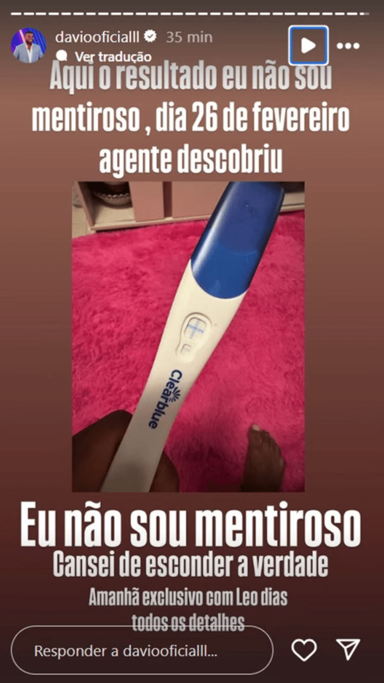 Davi Brito mostra teste e diz que não mentiu sobre gravidez da ex Davi Brito mostra teste e diz que não mentiu sobre gravidez da ex