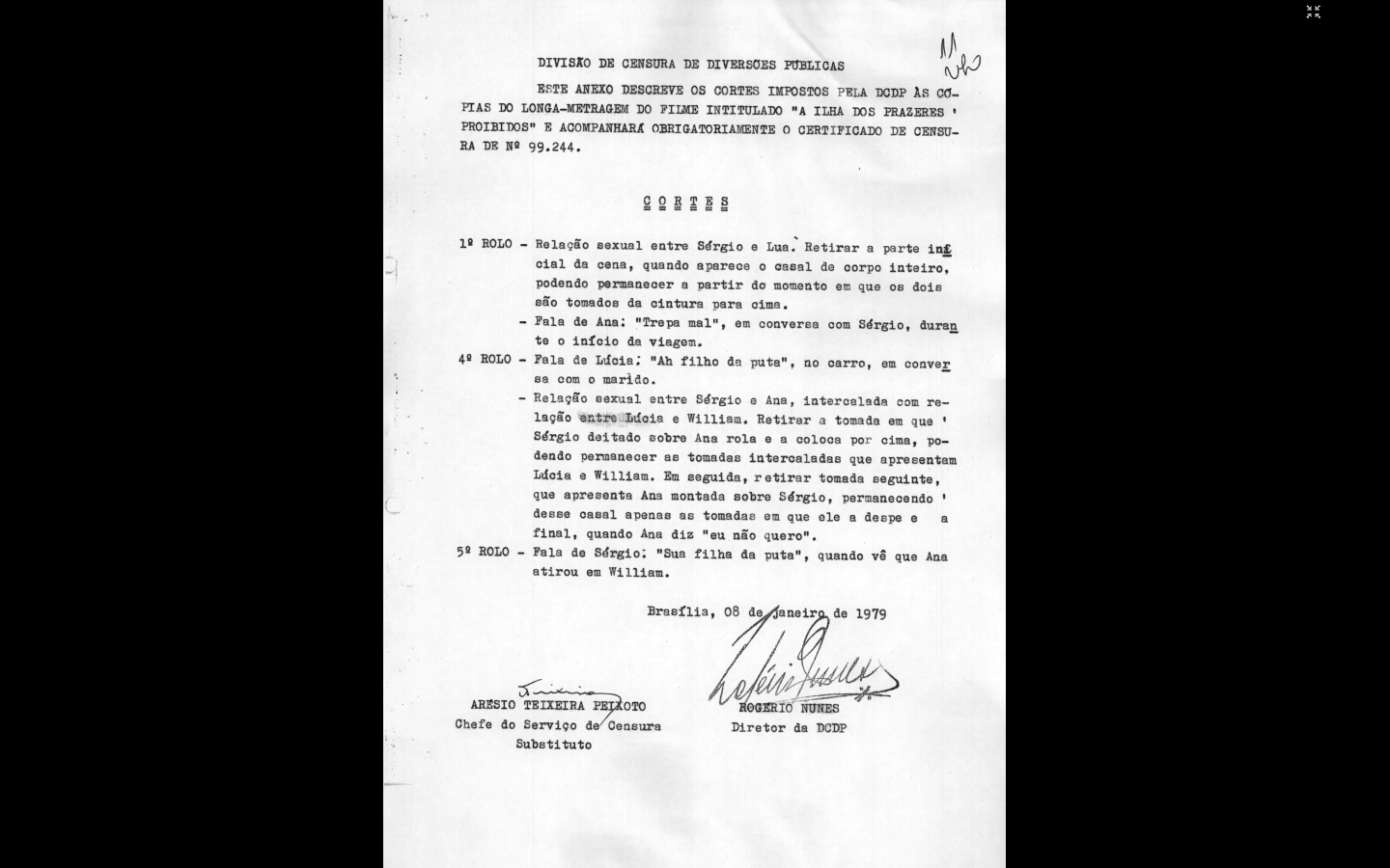 Parecer com cortes impostos ao filme "A Ilha dos Prazeres Proibidos", palavrões, closes em cenas de sexo e momentos como "Ana montada sobre Sérgio" foram demais para os censores - Reprodução