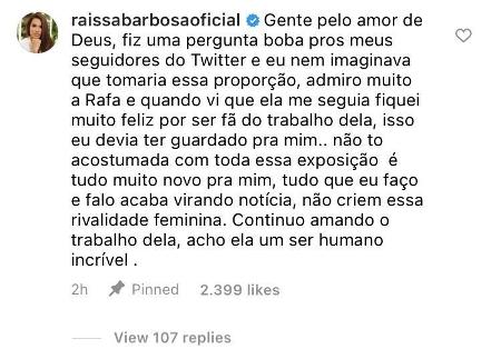 Raissa Barbosa desabafa no Instagram - Reprodução - Reprodução