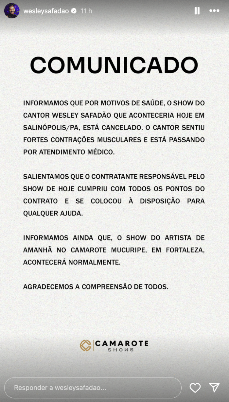 Wesley Safadão cancela show em Salinópolis, no Pará