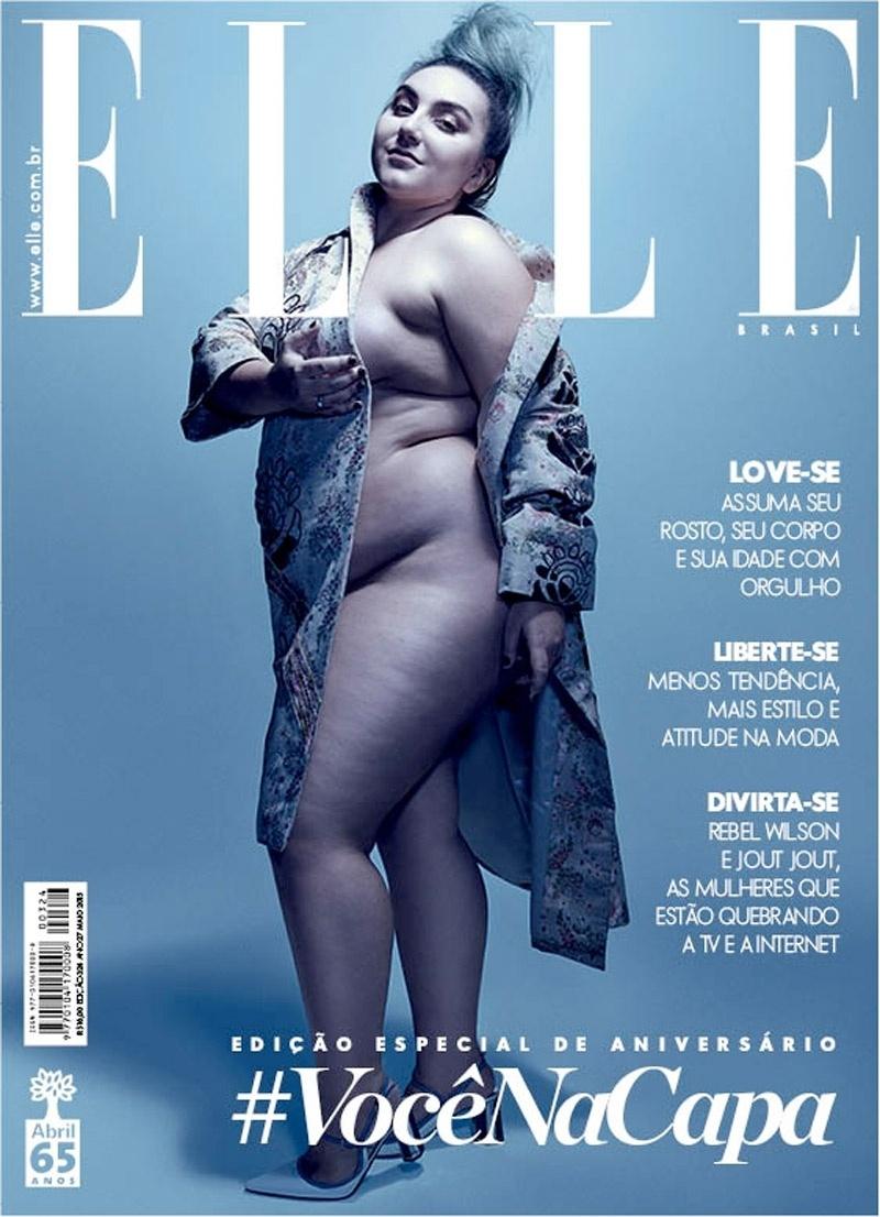 Uma das grandes revistas de moda do mundo, a ELLE Brasil estampou em sua capa de maio de 2016 a blogueira plus size Juliana Romana. Tudo sem um pingo de Photoshop. A ideia era mostrar que "ser bonito é ser diferente", de acordo com o editorial. Ela posou usando somente um casaco da Prada e um sapato da Miu Miu - Reprodução