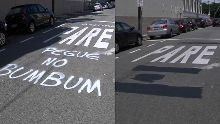 Rua com pichação em "homenagem" ao É o Tchan antes e depois - Montagem/UOL/Reprodução/TV Verdes Mares - Montagem/UOL/Reprodução/TV Verdes Mares