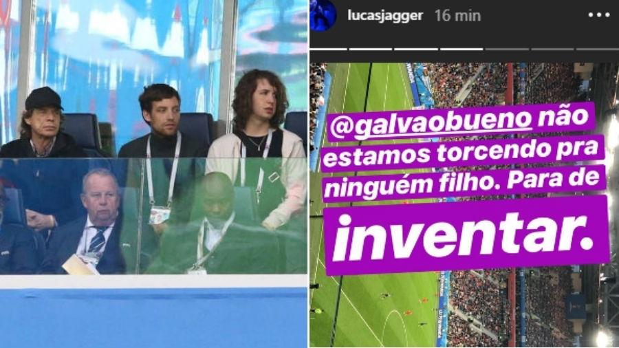 Lucas (na ponta direita) assiste ao jogo com o pai, Mick Jagger, e manda recado a Galvão - Reprodução/Globo//Reprodução/Instagram