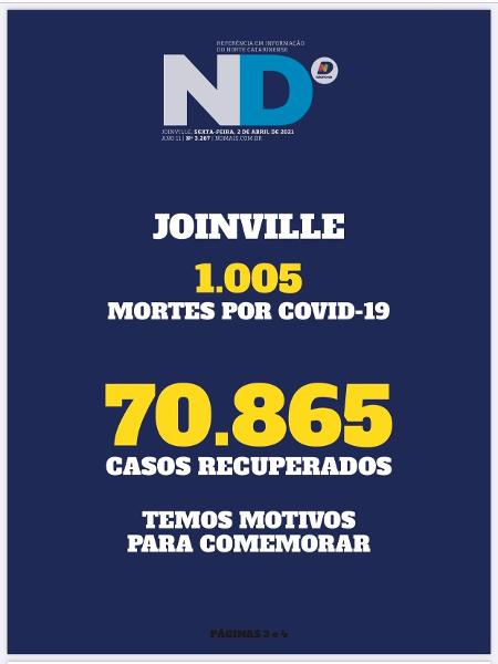 Capa do jornal "ND", de Joinville, nesta sexta-feira, 2 de abril de 2021 - Reprodução