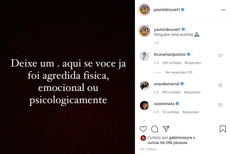 Bruna Marquezine responde post de Yasmin Brunet sobre agressão  - Reprodução/Instagram  - Reprodução/Instagram 