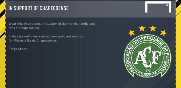 Kit de camisa e escudo da equipe foi dado pela EA aos jogadores após acidente na Colômbia - Reprodução
