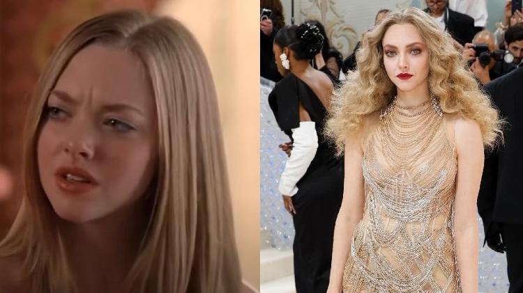 Karen Smith (esq.) interpretada pela atriz Amanda Seyfrid no filme "Meninas Malvadas"; à direita, a atriz na entrada do MetGala