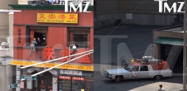 Dublê sai voando por uma janela e o Ecto-1 sai de uma garagem em disparada nas primeiras imagens de "Os Caça-Fantasmas" - Reprodução/TMZ
