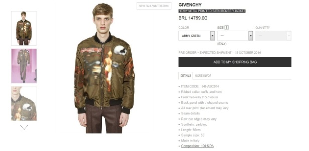 Jaqueta estampada de cetim com elementos de artes de Iron Maiden, Nirvana e Slayer é vendida por 4.095 euros - Reprodução/Luisaviaroma - Reprodução/Luisaviaroma