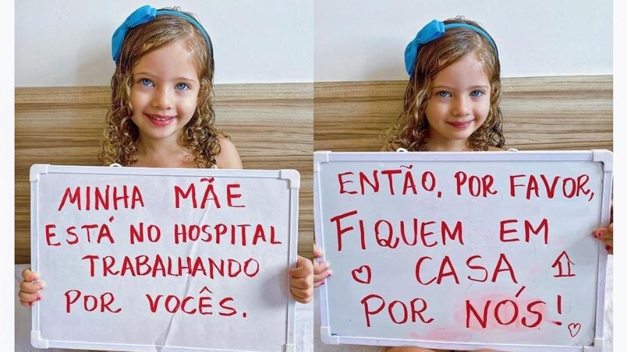 Clara, de 3 anos, faz cartaz para mãe enfermeira, contra coronavírus - Reprodução/Instagram @diarioda_clarinha