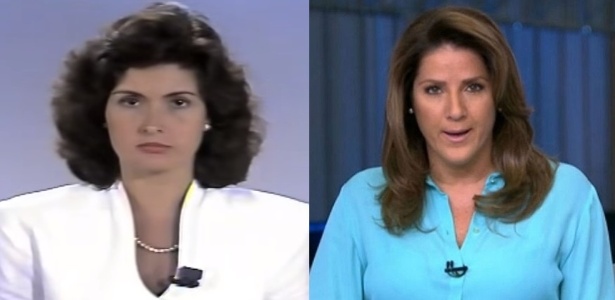 À esquerda, Fátima Bernardes apresenta o "Jornal da Globo", em 1990; à direita, Christiane Pelajo, em 2014 - Montagem/Reprodução/TV Globo