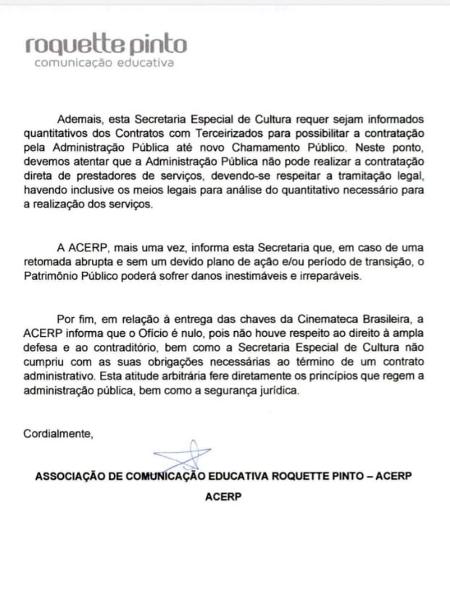 Fac-símile do ofício da Roquette Pinto enviado ao secretário Mário Frias - Reprodução