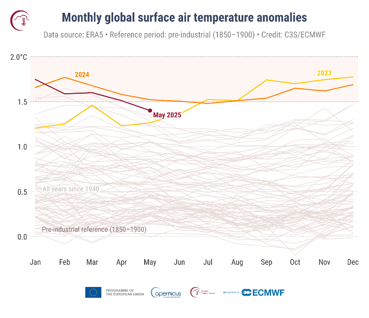 El gráfico compara la temperatura de mayo de 2025 con los meses de mayo de 2024 y 2023, así como los períodos de 1850 a 1900 y de enero de 1940 en adelante.