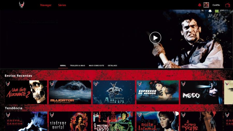 Tela de acesso aos títulos do serviço de streaming da Darkflix, inspirada no layout da Netflix - Divulgação