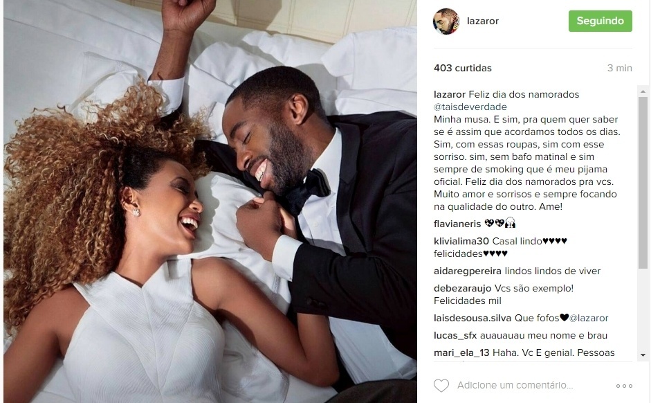 12.jun.2016 - Lázaro Ramos e Taís Araújo no Dia dos Namorados - Reprodução/Instagram/lazaror
