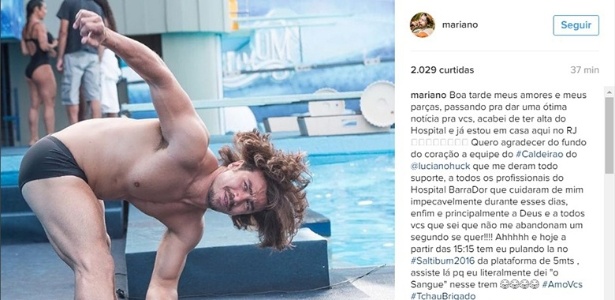 22.out.2016 - Mariano avisa aos fãs que teve alta do hospital após acidente no "Saltimbum" - Reprodução/Instagram/mariano - Reprodução/Instagram/mariano