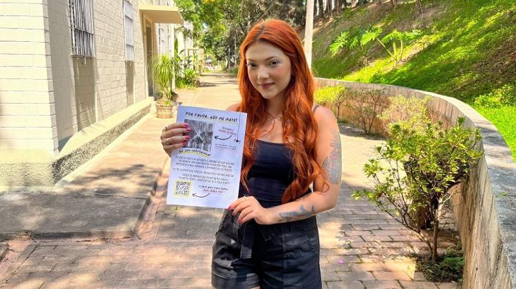 Nicole Dourado, 24, espalhou cartazes em seu condomínio na zona norte de São Paulo para salvar vida das aranhas. - Arquivo pessoal/Nicole Dourado. - Arquivo pessoal/Nicole Dourado.