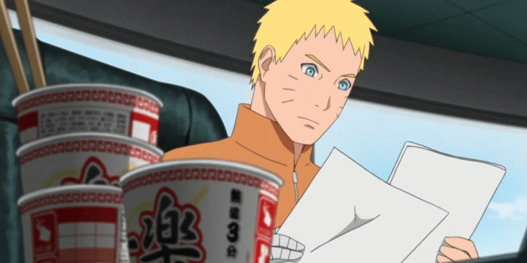 Naruto confere papelada e se alimenta de macarrão instantâneo em "Boruto: Naruto Next Generation"