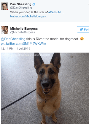 River é o pastor alemão que "interpreta" Dog Meat em "Fallout 4" - Reprodução/Twitter
