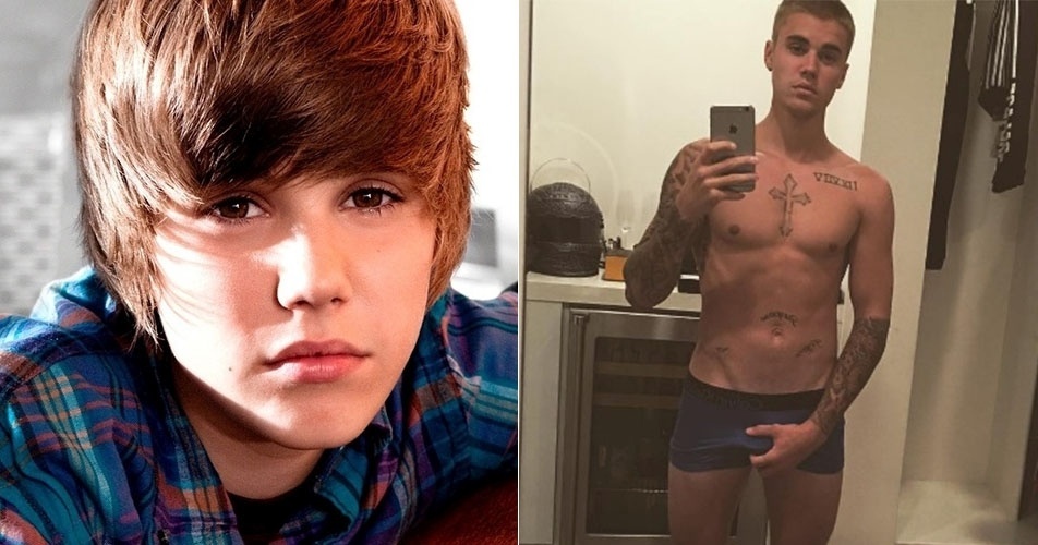 Justin Bieber no início da carreira e hoje em dia, aos 22 anos, em uma das últimas fotos publicadas por ele no Instagram. Sempre envolvido em polêmicas,  o cantor que já foi flagrado nu costuma aparecer em poses sensuais para delírio das"beliebers" - como são chamadas suas fãs - Reprodução/Instagram/JustinBieber