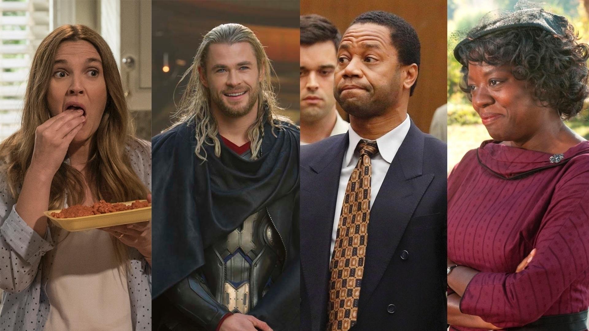 Cena da série "Santa Clarita Diet", do filme "Thor: O Mundo Sombrio" (2013), de Alan Taylor, da série "American Crime Story" (2016)e do filme "Histórias Cruzadas" (2011), de Tate Taylor - Reprodução/Montagem