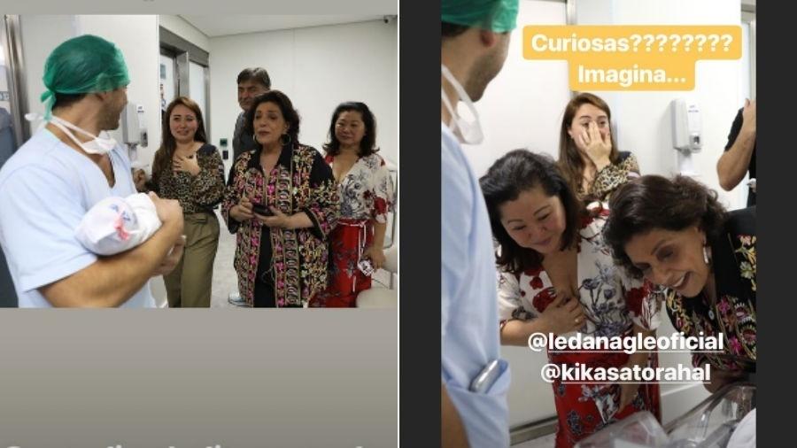 Duda Nagle mostra Zoe para Karina Sato, Omar Rahal, e Kika Sato - irmã, pai e mãe de Sabrina Sato, respectivamente - e Leda Nagle, sua mãe - Reprodução/Instagram