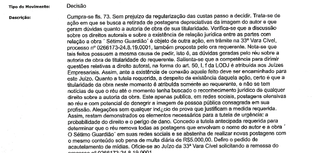 Decisão de Justiça que determina retirada de posts contra Aguinaldo Silva - Reprodução - Reprodução
