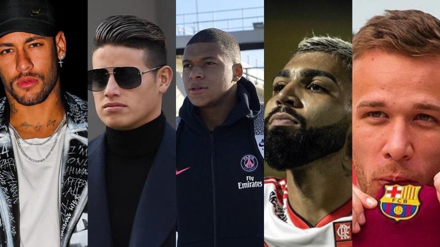 Neymar, James Rodriguez, Mbappe, Gabigol e Arthur estão na lista dos solteiros mais cobiçados - Reprodução/Instagram/Montagem UOL