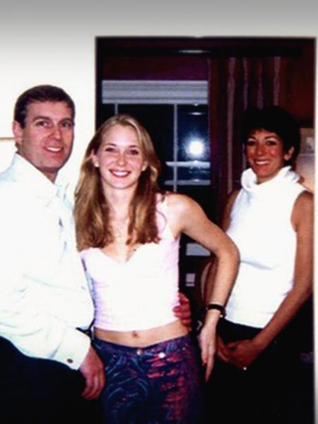 Príncipe Andrew, a vítima Virginia Roberts Giuffre e Ghislaine Maxwell, que seria cúmplice de Jeffrey Epstein