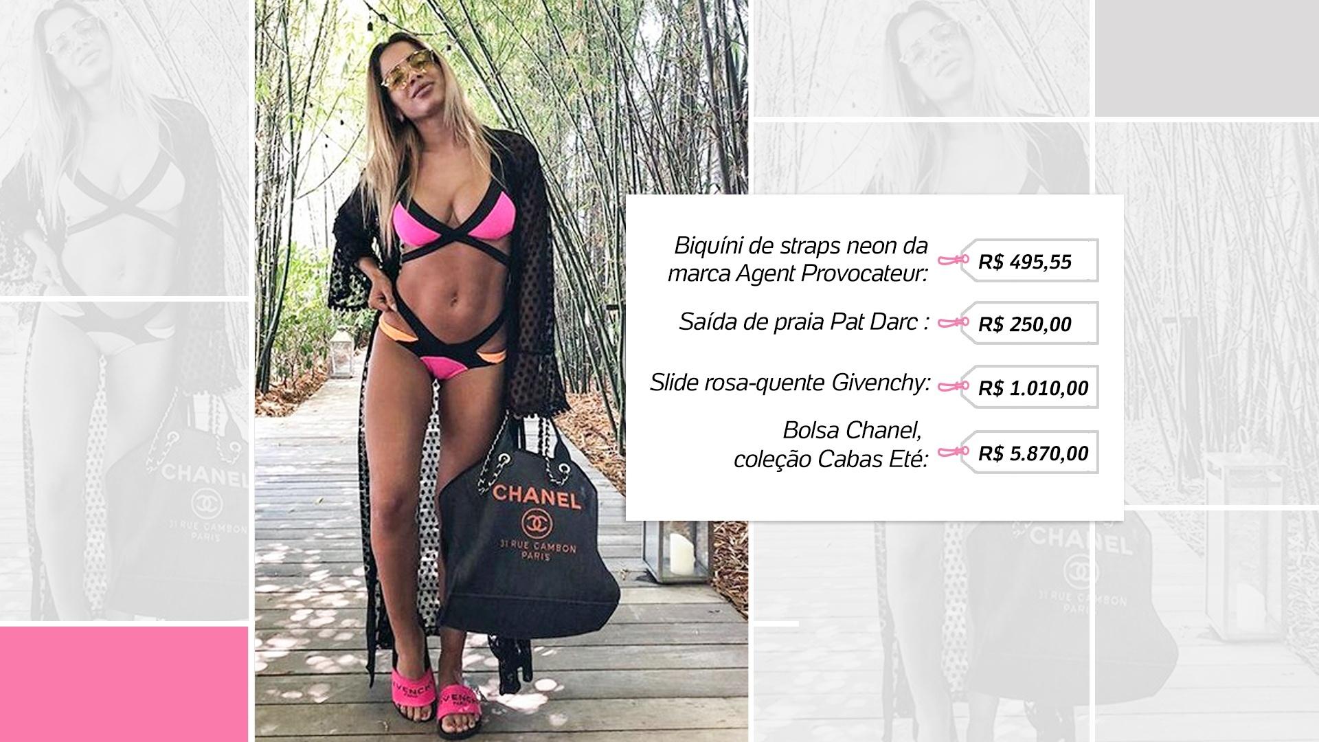 Anitta e seu biquíni de straps neon da marca Agent Provocateur, O preço é aproximadamente R$ 495,55 - Reprodução/Instagram/Montagem UOL