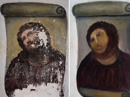 Ecce Homo original, deteriorado pela passagem do tempo e "restaurado"; intervenções amadoras são muito comuns em patrimônio eclesiástico, diz especialista - CENTRO DE ESTUDIOS BORJANOS