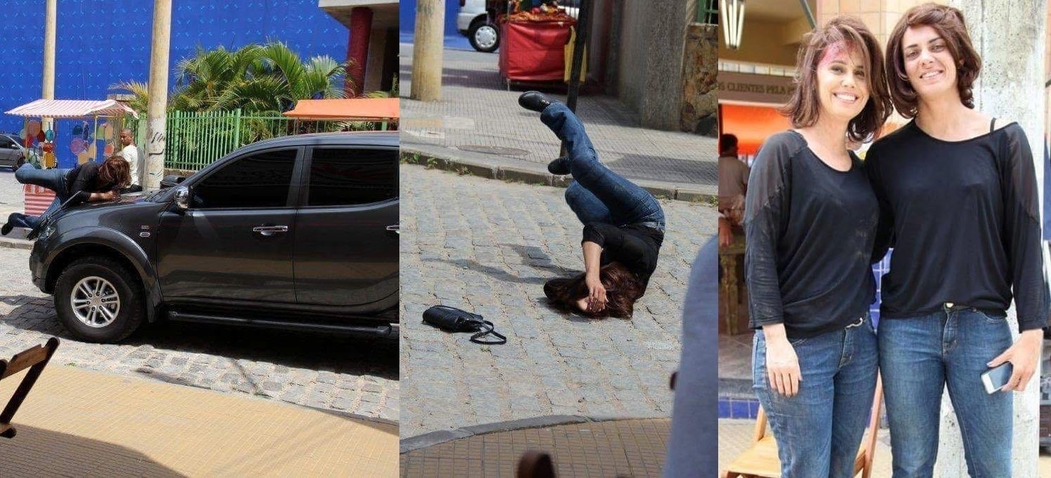 A dublê Monique Venceslau grava cena de atropelamento no lugar da atriz Susana Ribeiro para a novela da Globo "Geração Brasil" - Arquivo pessoal