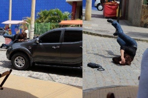 A dublê Monique Venceslau grava cena de atropelamento no lugar da atriz Susana Ribeiro para a novela da Globo "Geração Brasil" - Arquivo pessoal - Arquivo pessoal