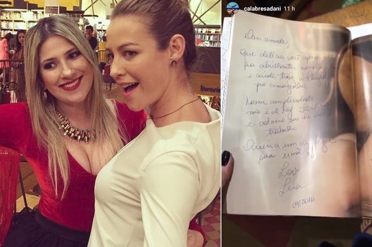 19.set.2016 - Dani Calabresa tietou Luana Piovani durante as filmagens do longa "O Homem Perfeito" e levou a revista "Playboy" da qual a atriz foi capa, em abril. Piovani autografou a publicação, e a humorista comemorou no Instagram: "Olha, musa! Fez uma dedicatória linda! Isso é meta, vou por essa foto na porta da minha geladeira" - Montagem/Reprodução/Instagram/luapio/calabresadani