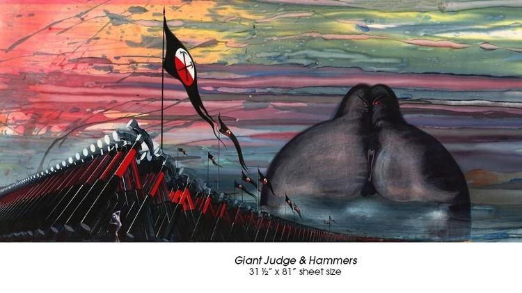 "Giant Judge and Hammers" é outra obra de Gerald Scarfe para o filme "The Wall" "Giant Judge and Hammers" é outra obra de Gerald Scarfe para o filme "The Wall"