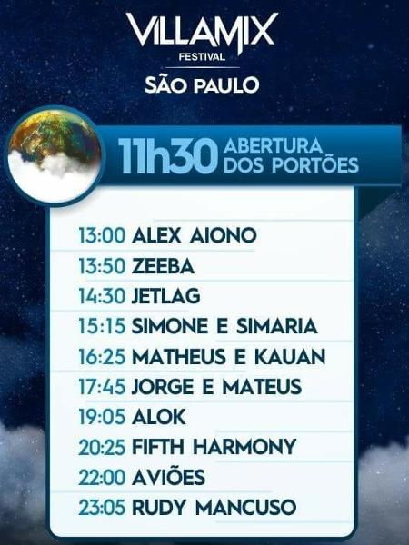 Progração do Villa Mix Festival, que acontece neste sábado (07) em São Paulo - Reprodução - Reprodução